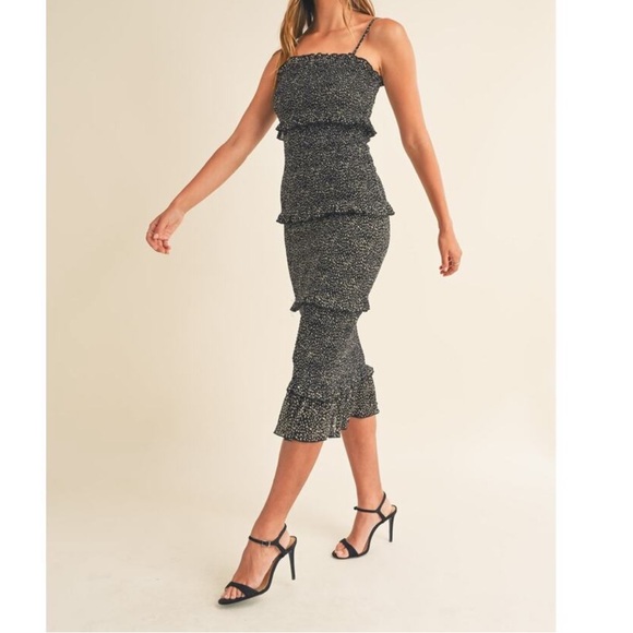 Mable Dresses & Skirts - Mable Esme Black Tiered Ruffle Smocked Bodycon Midi Dress S
